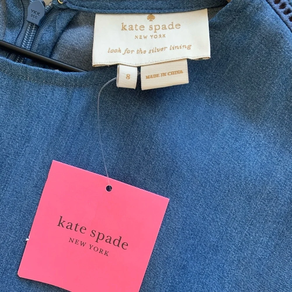 NEW KATE SPADE Chambray Fluffer Sleeve Ruffle Hem Indigo Mini Dress size 8 - Picture 7 of 16